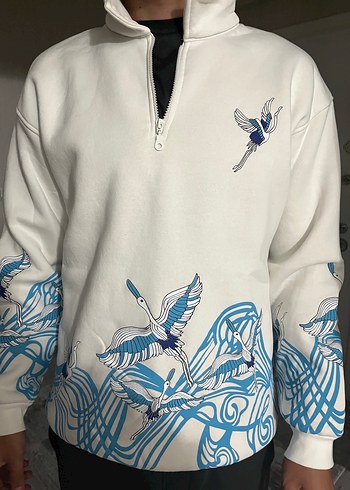 Beyaz Baskılı Yarım Fermuarlı Sweatshirt