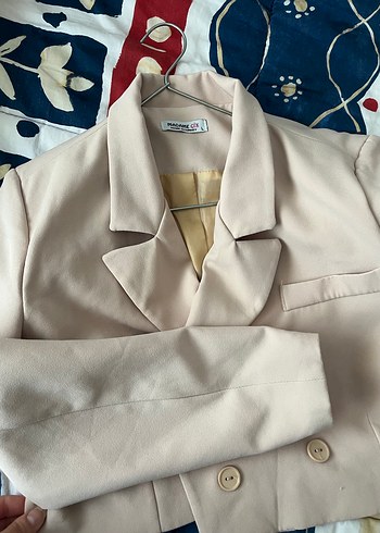 Bej Düğmeli Midi Kadın Blazer Ceket - Görsel 6