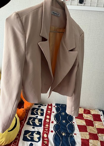 l Beden Bej Düğmeli Midi Kadın Blazer Ceket
