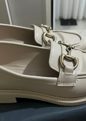 37 Beden Bej Kadın Loafer Ayakkabı, Tokalı, Blok Topuklu