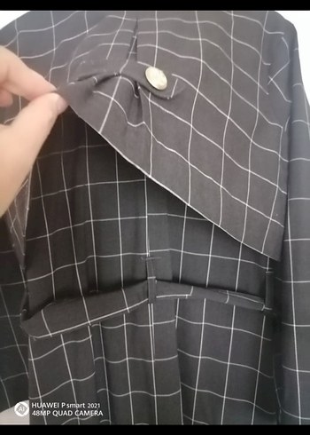 Kadın Siyah Kareli Kemerli Uzun Trençkot - Görsel 6