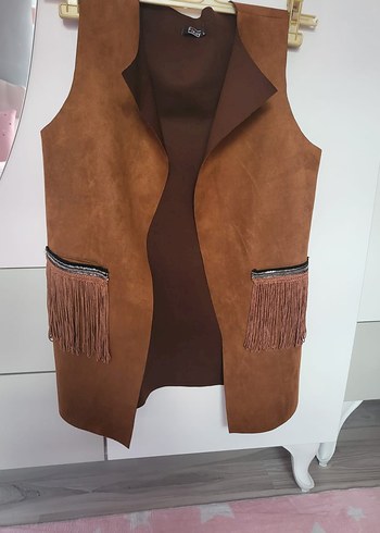 Kahverengi Süet Püsküllü Kısa Kadın Yelek - Görsel 3