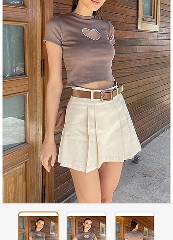  Kadın bej beli kemerli pileli gabardin şort etek 