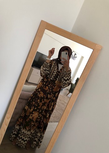 Diğer Bohem Uzun Kollu Kahverengi Batik Elbise