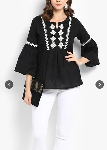 Bohem Siyah Nakışlı Pamuk Bluz - Görsel 2