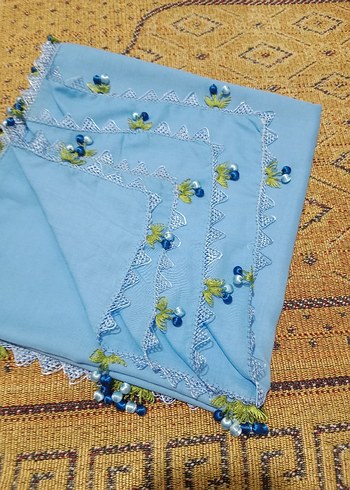 Boncuk İşlemeli Mavi Bohem Kadın Şal - Görsel 3