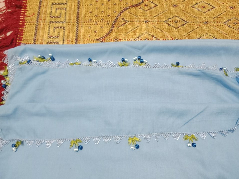 Boncuk İşlemeli Mavi Bohem Kadın Şal - Görsel 4