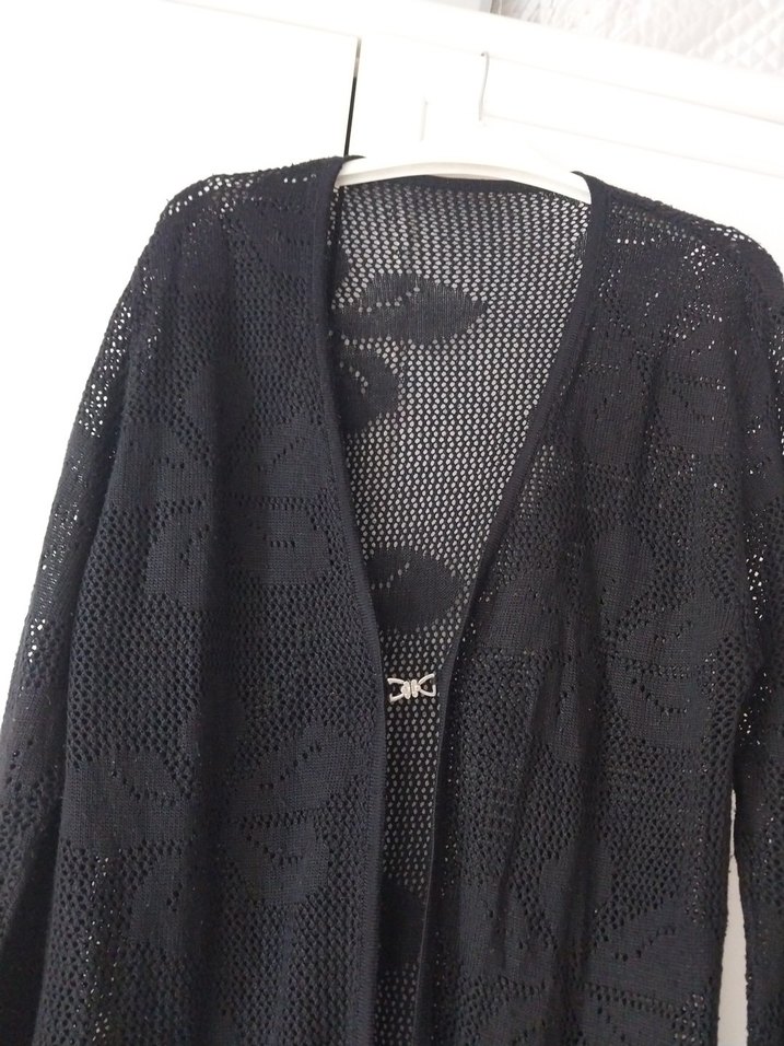 Uzun Siyah Örgü Kadın Hırka - Görsel 4