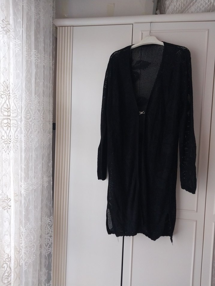 Uzun Siyah Örgü Kadın Hırka - Görsel 3