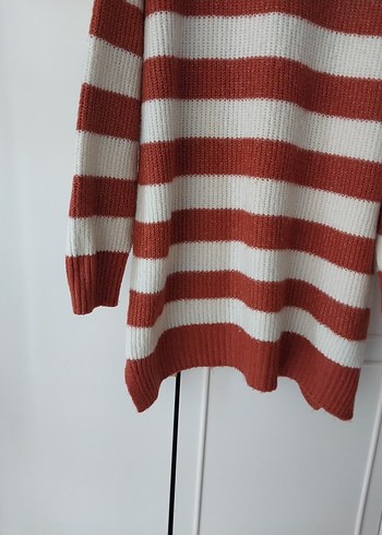 kiremit ve krem rengi Çizgili Örgü Kadın Kazak - Görsel 3