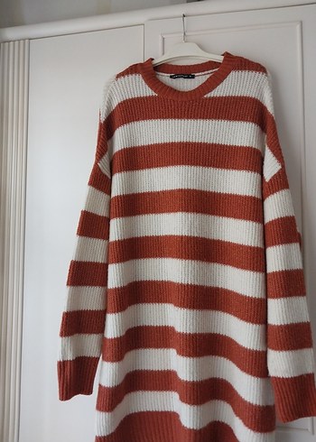 kiremit ve krem rengi Çizgili Örgü Kadın Kazak - Görsel 2