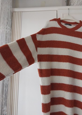 kiremit ve krem rengi Çizgili Örgü Kadın Kazak - Görsel 4