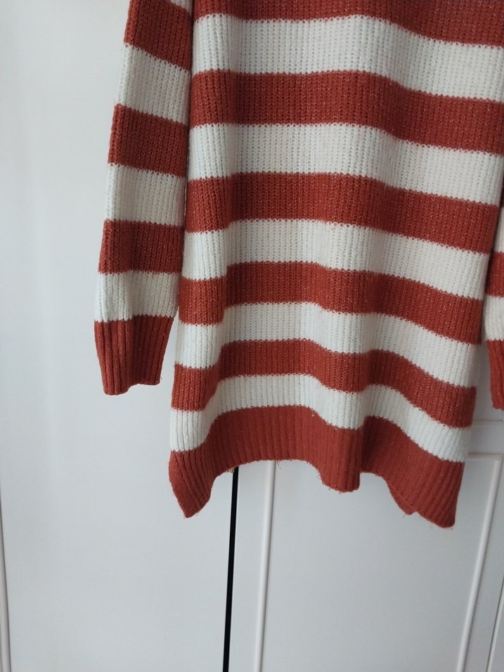 kiremit ve krem rengi Çizgili Örgü Kadın Kazak - Görsel 3