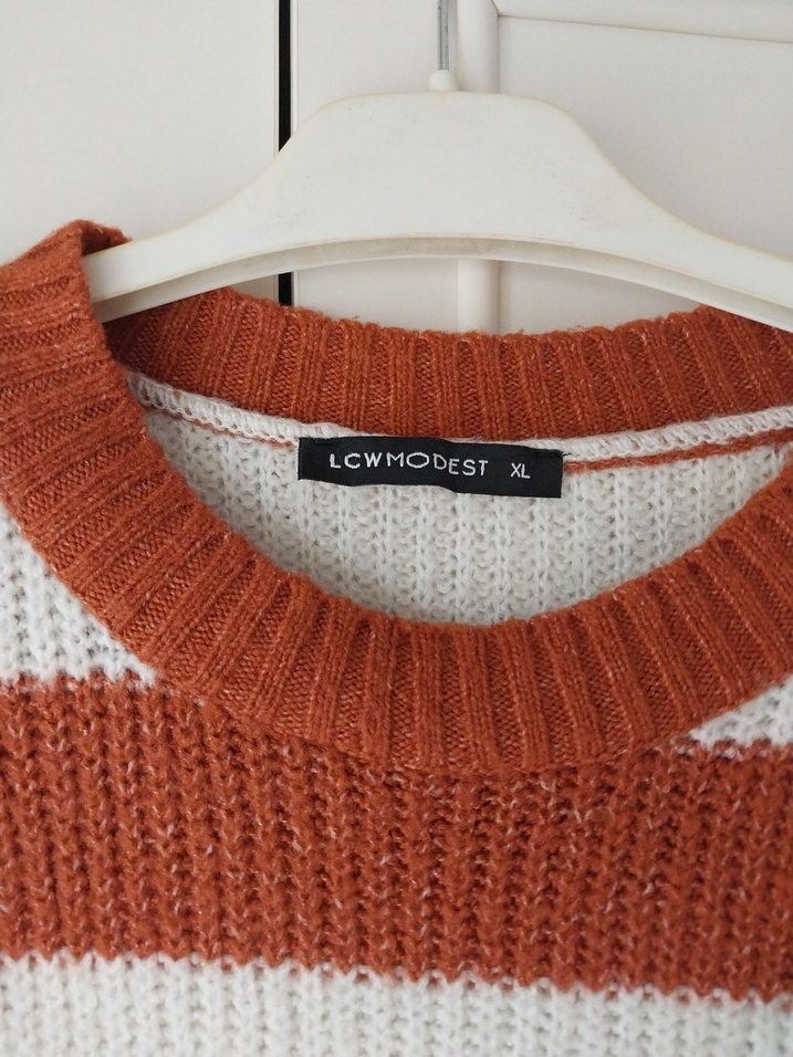 kiremit ve krem rengi Çizgili Örgü Kadın Kazak - Görsel 5