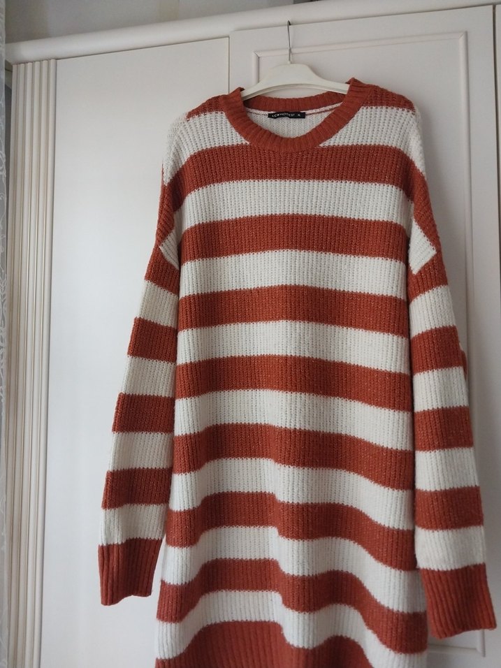 kiremit ve krem rengi Çizgili Örgü Kadın Kazak - Görsel 2