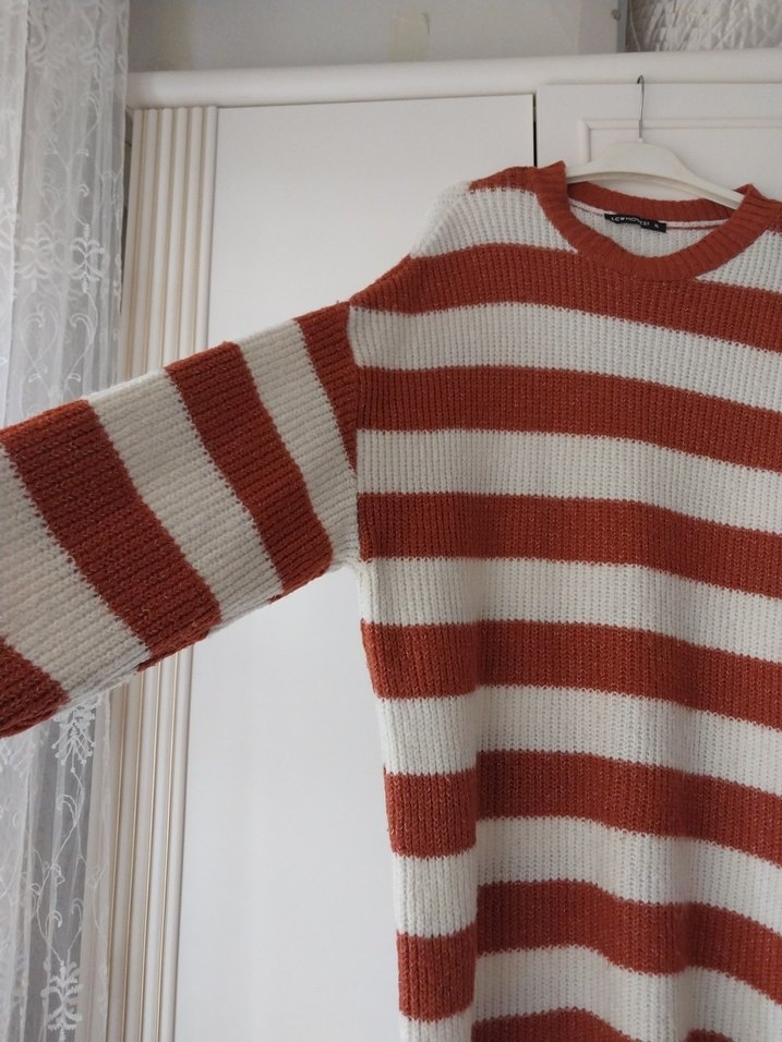 kiremit ve krem rengi Çizgili Örgü Kadın Kazak - Görsel 4