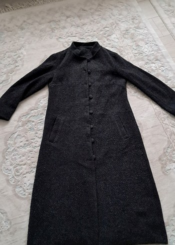 Düğmeli Gri Uzun Yün Kadın Kaban - Görsel 2