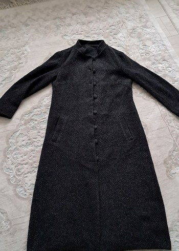 Düğmeli Gri Uzun Yün Kadın Kaban - Görsel 3