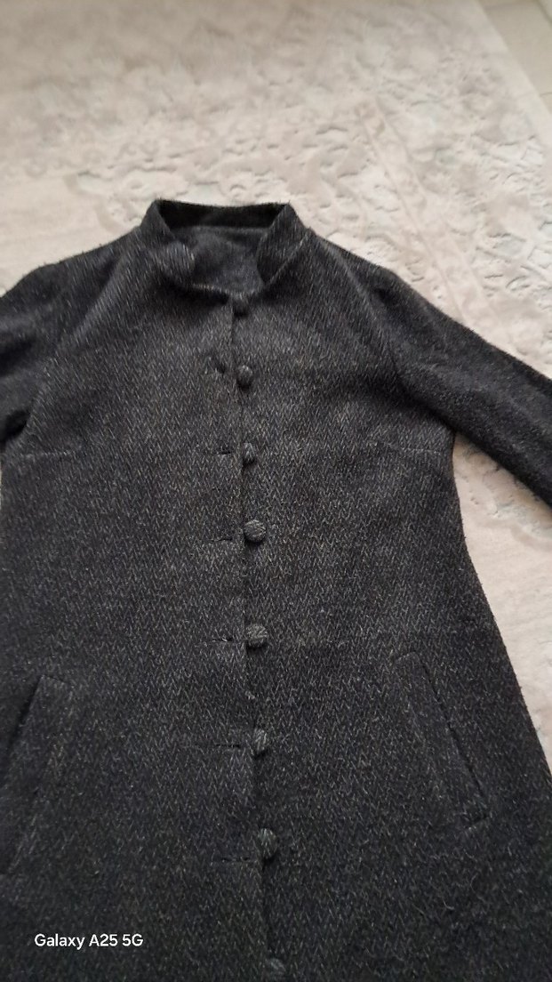 Düğmeli Gri Uzun Yün Kadın Kaban - Görsel 4