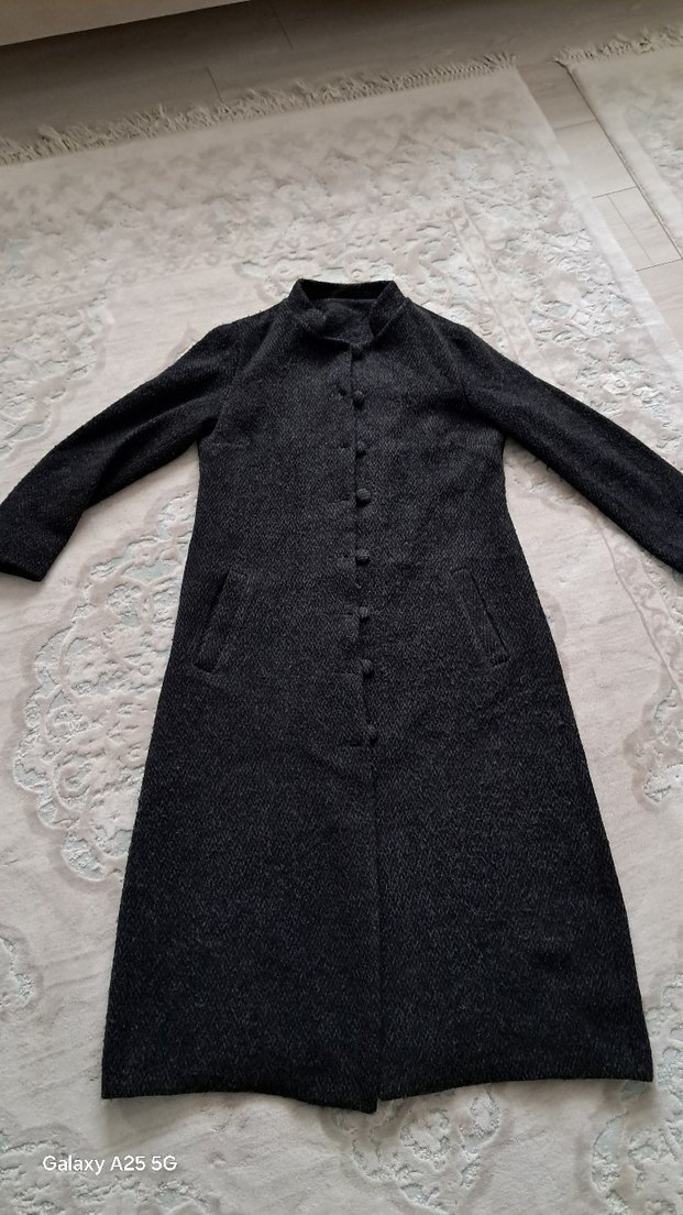 Düğmeli Gri Uzun Yün Kadın Kaban - Görsel 3