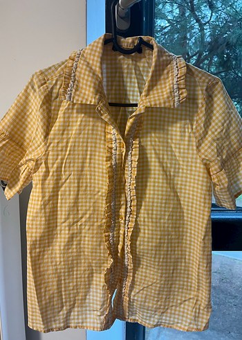 Sarı Kareli Kısa Kollu Keten Bluz - Görsel 6