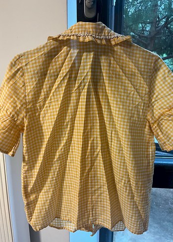 Sarı Kareli Kısa Kollu Keten Bluz - Görsel 2