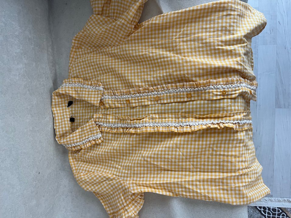 Sarı Kareli Kısa Kollu Keten Bluz - Görsel 4