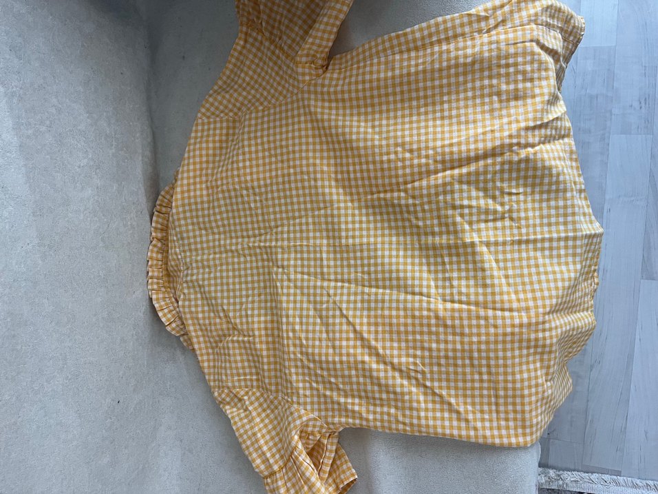 Sarı Kareli Kısa Kollu Keten Bluz - Görsel 5