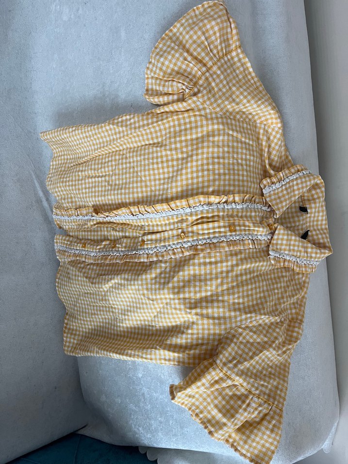 Sarı Kareli Kısa Kollu Keten Bluz - Görsel 3