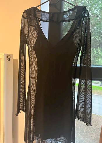 V Yaka Siyah Gotik Midi Elbise - Görsel 4