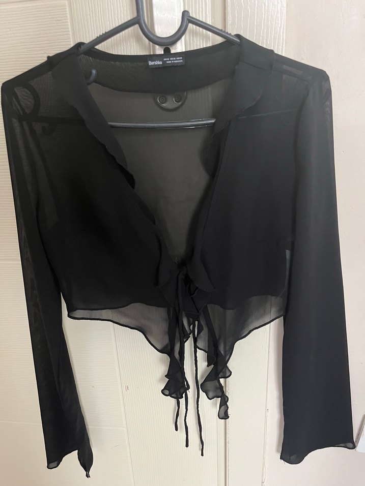 Siyah Drapeli Uzun Kollu Halter Yaka Bluz - Görsel 2