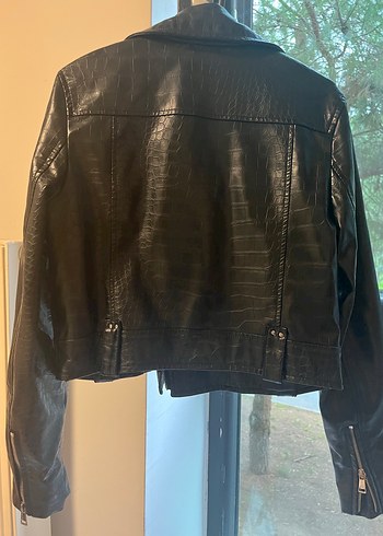 Siyah Yılan Desenli Biker Deri Ceket - Görsel 5