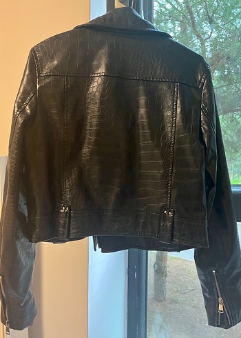 Siyah Yılan Desenli Biker Deri Ceket - Görsel 4