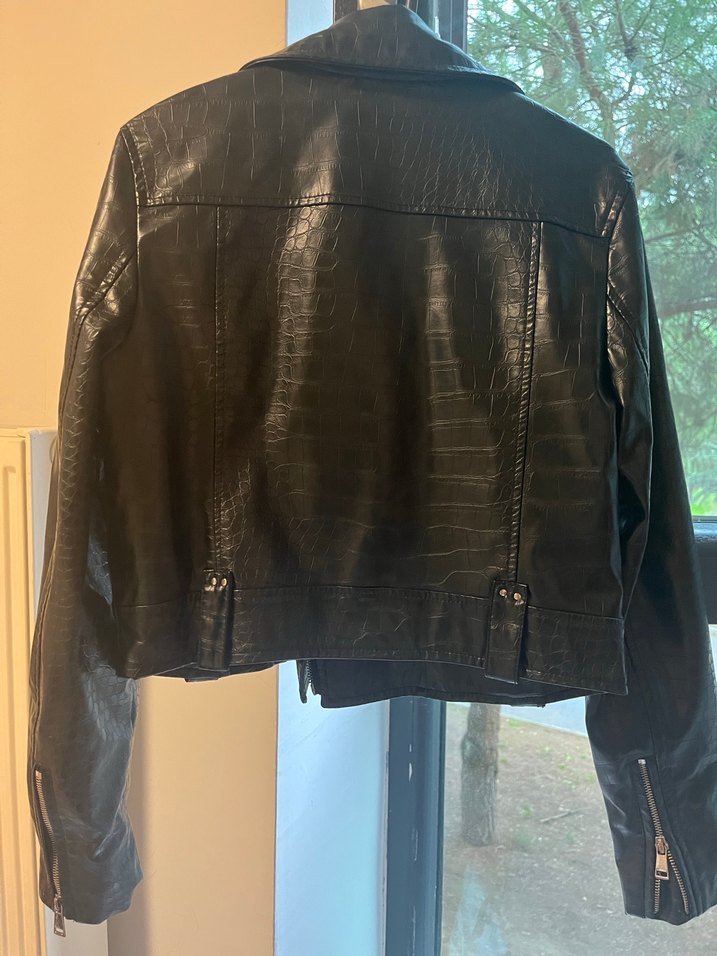 Siyah Yılan Desenli Biker Deri Ceket - Görsel 5