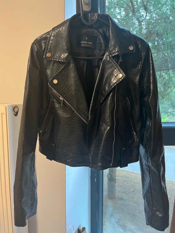 Siyah Yılan Desenli Biker Deri Ceket - Görsel 3