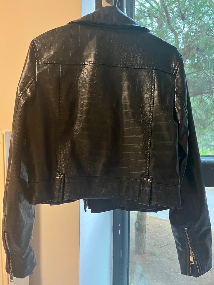 Siyah Yılan Desenli Biker Deri Ceket - Görsel 4