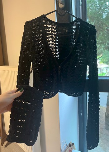 bohem Siyah Örgü Kadın Hırka - Görsel 2