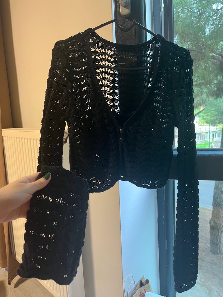 bohem Siyah Örgü Kadın Hırka - Görsel 2