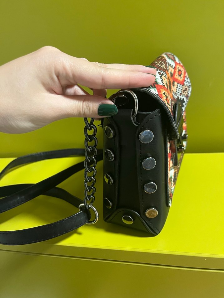 Renkli Zincir Detaylı Bohem Kadın Deri Çanta - Görsel 3