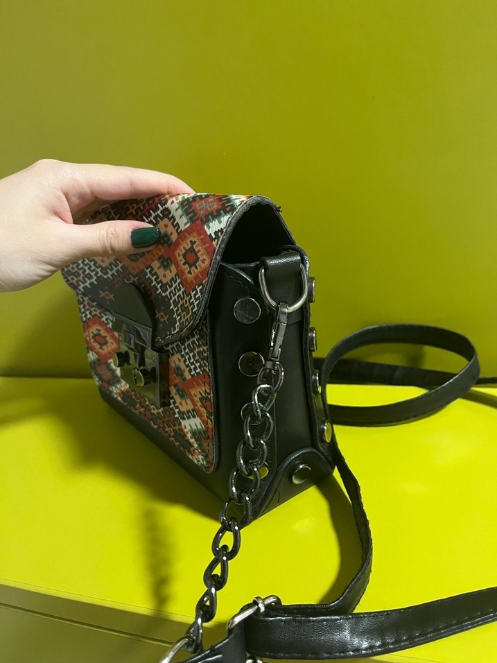 Renkli Zincir Detaylı Bohem Kadın Deri Çanta - Görsel 5