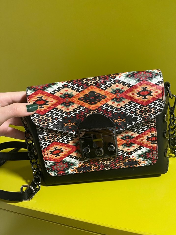 Renkli Zincir Detaylı Bohem Kadın Deri Çanta - Görsel 2