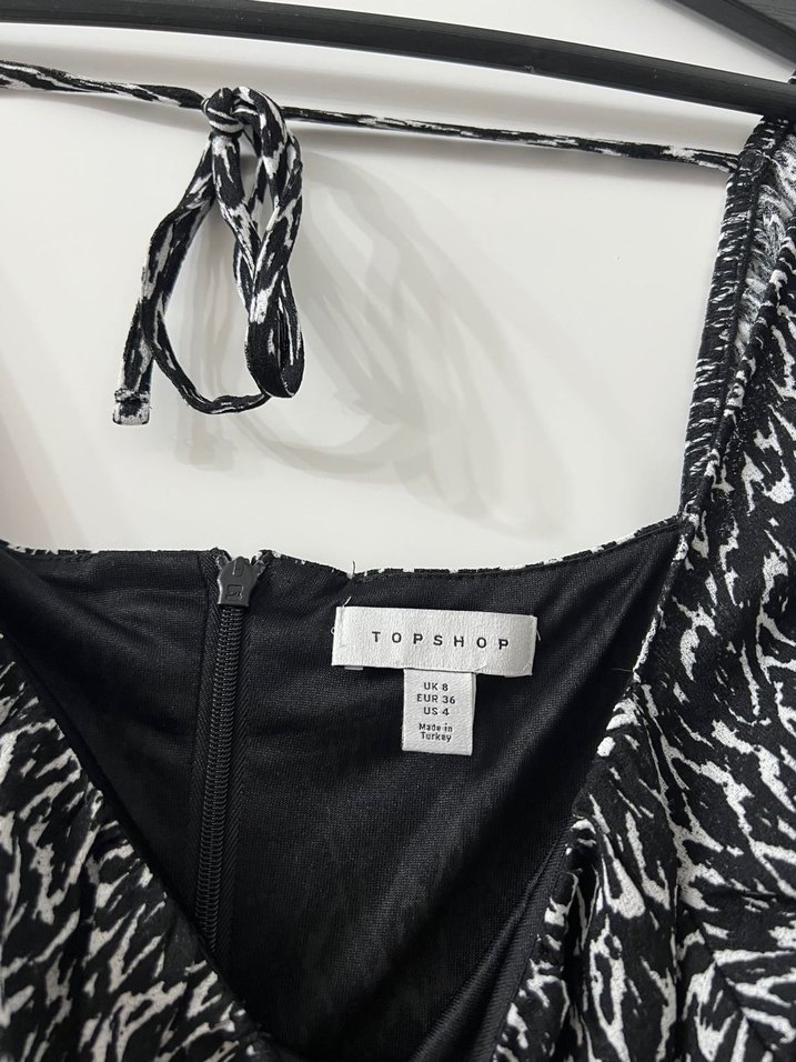 Siyah Beyaz Bağcıklı Mini Elbise - Görsel 3