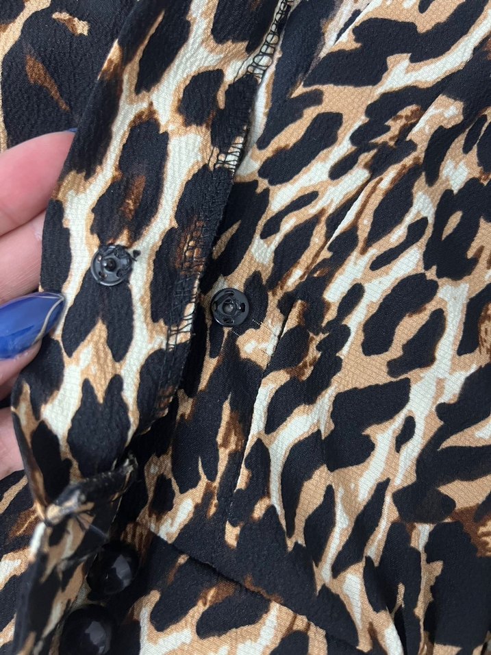 Kahverengi Leopar Desenli V Yakalı Bluz - Görsel 3