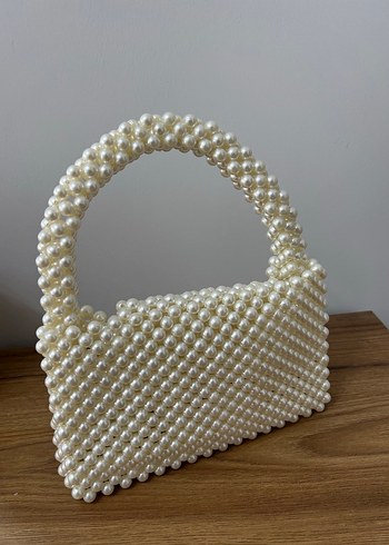 İnci Boncuklu Beyaz Örgü Kadın Çanta - Görsel 3