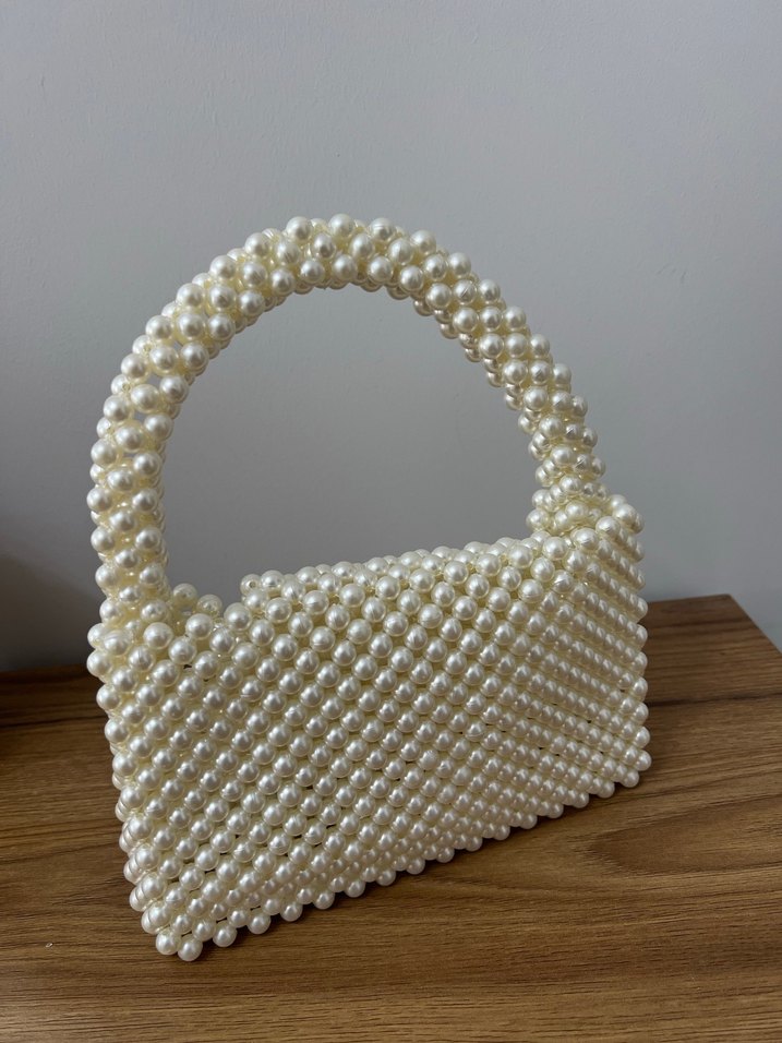 İnci Boncuklu Beyaz Örgü Kadın Çanta - Görsel 3