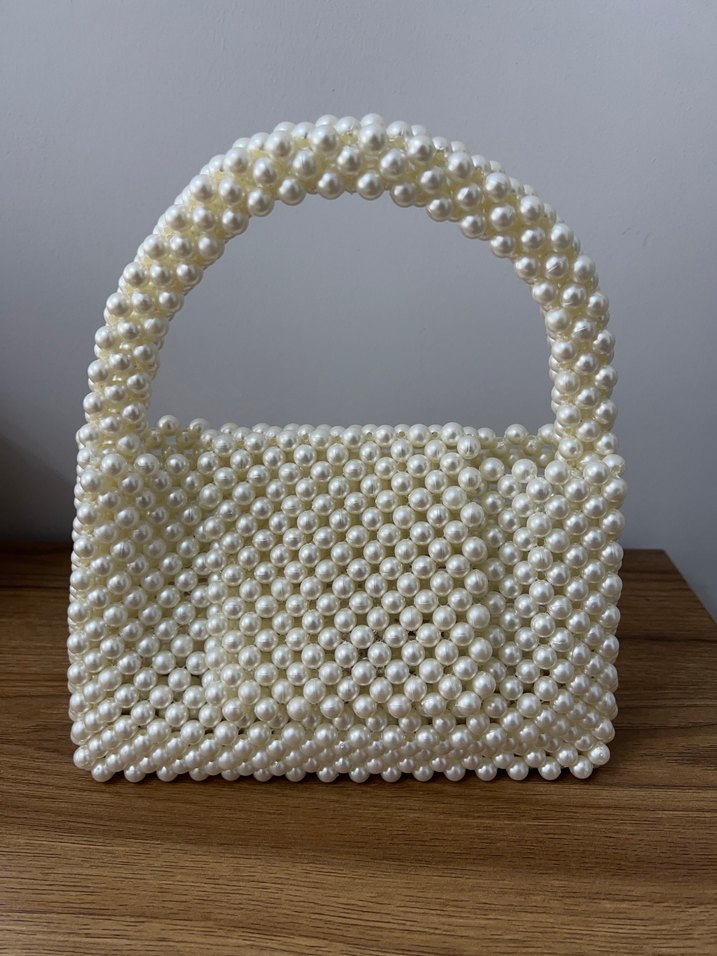 İnci Boncuklu Beyaz Örgü Kadın Çanta - Görsel 2