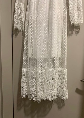 Dantel Detaylı Uzun Beyaz Bohem Elbise - Görsel 5