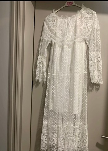 Dantel Detaylı Uzun Beyaz Bohem Elbise - Görsel 2