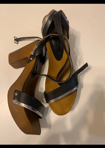 Kahverengi Deri Platform Topuklu Kadın Sandalet - Görsel 4