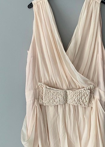 Bej Drapeli V Yaka kısa Abiye Elbise - Görsel 4